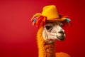 Llama wearing colourful traditional hat on a red background. Generative AI