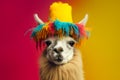 Llama wearing colourful traditional hat on a red yellow background. Generative AI