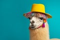 Llama wearing colourful traditional hat on turquoise background. Generative AI