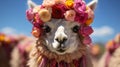 A llama wearing a flower crown. Generative AI.
