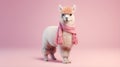 A llama wearing a pink scarf against a vibrant pink backdrop