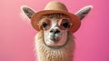 A llama wearing a straw hat and sunglasses is looking at the camera. The llama is standing in front of a pink background Royalty Free Stock Photo