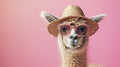 A llama wearing a straw hat and sunglasses is standing in front of a pink background. The llama is looking at the camera with a Royalty Free Stock Photo