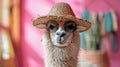 A llama wearing a straw hat and sunglasses is standing in front of a pink background. The llama is looking at the camera with a Royalty Free Stock Photo
