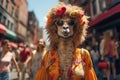 A llama wearing sunglasses and a headdress on a city street