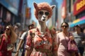 A llama wearing sunglasses and a headdress on a city street