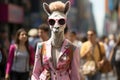 A llama wearing sunglasses and a headdress on a city street