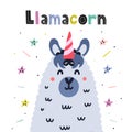 Llamacorn cute card. Funny print with llama - unicorn