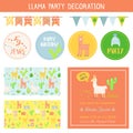 Llamas Childish Decorative Elements Set. Hand Drawn Children Lamas Cards, Stickers, Labels for Happy Birthday Party