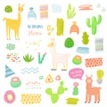 Llamas Childish Elements Set with Cactuses and Alpacas. Hand Drawn Lamas for Fabric Textile, Wrapping Paper, Decoration