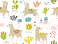 Vector seamless pattern. Llamas and flowers