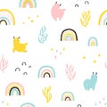 Llamas with rainbows, cacti seamless pattern. Cartoon colorful character in scandinavian style simple hand drawn childish style Royalty Free Stock Photo