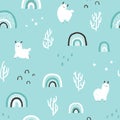 Llamas with rainbows, cacti seamless pattern. Cartoon white character in scandinavian style simple hand drawn childish style on