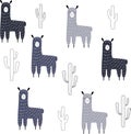 Llamas in shades of gray and outline cacti seamless pattern. Scandinavian style simple cute hand drawn succulents and alpacas. Royalty Free Stock Photo