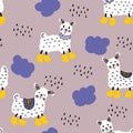 Llamas in yellow boots walking in the rain seamless pattern. Perfect for T-shirt, textile and print. Hand drawn vector