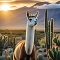 llamstanding in field of cactus at sunset with head of plant in the