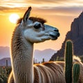 llamstanding in field of cactus at sunset with head of plant in the