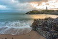 The Llanddwyn island lighthouse, Goleudy Twr Bach at Ynys Llanddwyn on Anglesey, North Wales Royalty Free Stock Photo