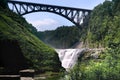 Llandscape photo of Upper waterfall in Letchworth State Park, State New York,USA. The bridge is over the waterfall