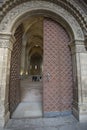 Lleida, Spain, May 1, 2020 - medieval wooden gates of La Seu Vella cathedral
