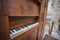 Lleida, Spain, May 1, 2020 - register control and keyboard of medieval organ