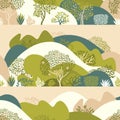 Seamless pattern with hilly landscape, trees, bushes and plants. Growing plants and gardening.