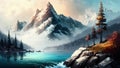 lllustration of landscape with lake and mountains - Generative AI