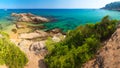 Lloret de Mar beach. Spain resort beach on sunny clear day. Sandy beach on summer vacation in spanish coast. Costa Brava Royalty Free Stock Photo