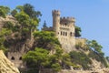 Lloret de Mar Castle on beach. Castell Platja at Sa Caleta beach in costa Brava of Catalonia Spain. Mediterranean sea