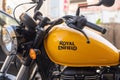 Lloret de Mar, Spain - 12.28.2021: Royal Enfield Meteor 350cc bike with yellow fuel tank, detailed shot Royalty Free Stock Photo