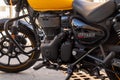 Lloret de Mar, Spain - 12.28.2021: Royal Enfield Meteor 350cc bike with yellow fuel tank, detailed shot Royalty Free Stock Photo