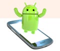 Google Android OS logo mascot robot emerging from a smartphone isolated on white background