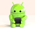 Google Android OS mascot robot using smartphone isolated on white background