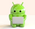 Google Android OS logo mascot working on a laptop on white background