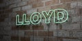 LLOYD - Glowing Neon Sign on stonework wall - 3D rendered royalty free stock illustration