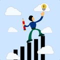 llustration of businessman climbing financial ladder to reach for light bulb holding pencil in flat style.