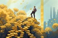 llustration of a businessman on a mountain of money. success concept. Generative AI