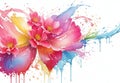 llustration of colorful flower, paint splashes. Majestic, exotic, garden plant spreading petals.