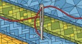Llustration featuring a sewing needle threaded with red string over a mosaic Royalty Free Stock Photo