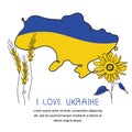 Vector Illustration map of Ukraine in Ukrainian flag with tradition flower and lettering I LOVE UKRAINE. Vector