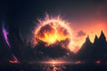 llustration of a huge fireball like a meteor against the background of mountains.