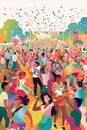 llustration of a Pride-themed outdoor music festival, with people dancing, enjoying live performances, and celebrating diversity.