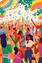llustration of a Pride-themed outdoor music festival, with people dancing, enjoying live performances, and celebrating diversity.
