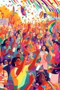 llustration of a Pride-themed outdoor music festival, with people dancing, enjoying live performances, and celebrating diversity.