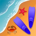 Llustrations at the beach theme. Summer vacation by the sea. Crab, starfish and swimming flippers in the sand. Sea surf
