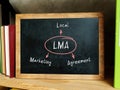 LMA Local Marketing Agreement note. Stationery, books, mini blackboard placed on table in classroom