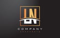 LN L N Golden Letter Logo Design with Gold Square and Swoosh.