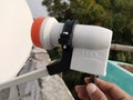 LNB receiver or satellite dish antenna, low noise band. Reparing or maintanence by skillful worker.