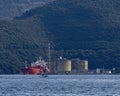 LNG carrier for the transport of liquid methane gas docked in a regasification plant in La Spezia