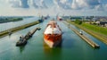 LNG tanker passing through industrial canal with tugboats assistance Royalty Free Stock Photo